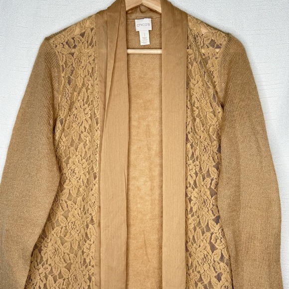 Chicos Luxe Lace Harriet Cardigan Sweater Camel Womens Size 1 (M/8) Wool Mohair - Picture 2 of 11